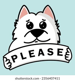 Cute dog asking for. Banner sign in the form of cartoon character, vector illustration