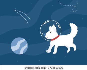 cute dog astronaut floating on the space with rocket and planet, vector character