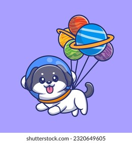 Cute Dog Astronaut Floating with Planet Balloon Cartoon Vector Icon Illustration. Animal Science Icon Concept Isolated Premium Vector. Flat Cartoon Style