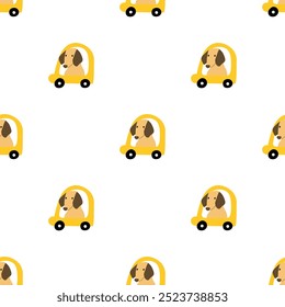Cute dog in automobile. Seamless pattern. Vector illustration on white background.
