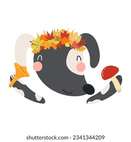 Cute dog in autumn leaves crown holding mushrooms character illustration. Hand drawn animal, Scandinavian style flat design, isolated vector. Kids autumn, fall print, element, seasonal activity