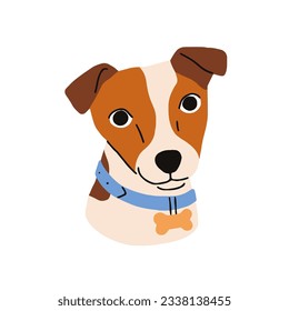 Cute dog avatar, head portrait. Little puppy of Jack Russell terrier breed. Adorable funny doggy in collar, companion pup, canine animal muzzle. Flat vector illustration isolated on white background