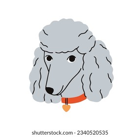 Cute Hund Avatar der Poodle Rasse. Adorable glückliche Pudel im Kragen, Hundekopf-Portrait. Hübsches, geschwungenes Gesicht, welliger Begleiter-Welpenmuzzle. Flache Vektorgrafik einzeln auf weißem Hintergrund