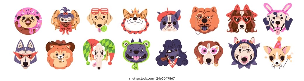 Lindos avatares de perro. Cachorros felices de diferentes razas con adorables bozales, caras. Corgi, pug, poodle, cabezas de bulldog francés en trajes divertidos. Ilustración vectorial aislada plana sobre fondo blanco