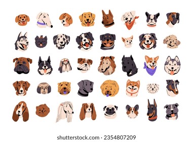 Cute dog avatars set. Puppy face portraits of various doggy breeds. Happy and funny animals, pet muzzles of bulldog, terrier, pug, doberman, corgi, labrador. Flat isolated vector illustration on white