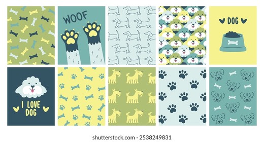 Cute dog backgrounds template set with funny animals, muzzles, paw prints, bones and dry food in bowl doodle design. Adorable puppy friend seamless pattern and care accessories vector illustration