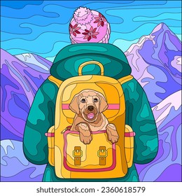 Perro lindo en una mochila. Un hombre en las montañas con un perro. Ilustración brillante y colorida. Libro de Colores para niños y adultos.