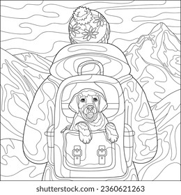 Perro lindo en una mochila. Un hombre en las montañas con un perro. Libro de coloración para adultos, ilustración vectorial en blanco y negro. Arte de línea.