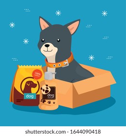 cute dog with bag food and icons vector illustration design