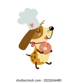 Cute Dog Baker In A Chef Hat With Pink Donut. Funny Puppy Holding Cookie, Bakery Concept. Happy Pet, Cartoon Character, Animal Profession. Hand Draw Vector Illustration, Isolated On White. Flat Design