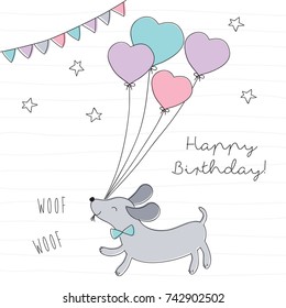 cute dog with balloons happy birthday vector illustration