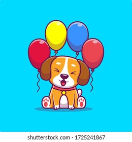 Cute Dog With Balloons Vector Icon Illustration. Animal Icon Concept Isolated Premium Vector. Flat Cartoon Style 