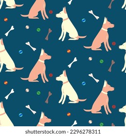 cute dog with balls and bones seamless pattern, blue background