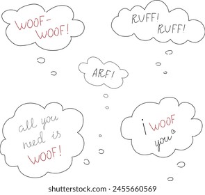 Cute dog bark animal sound effect and lettering.Woof text in speech bubble balloon silhouette set