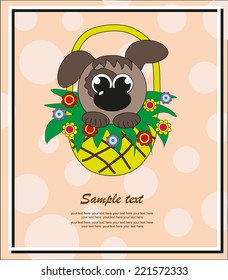 Cute dog in a basket with flowers. Vector.