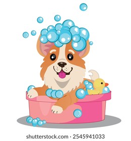 cute dog bathing in a basin or bathtub full of soap bubbles and foam. vector illustration.