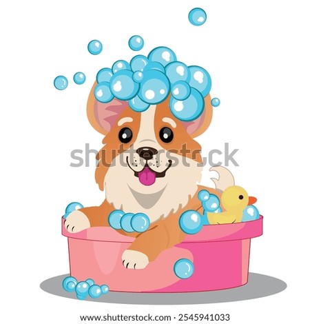 cute dog bathing in a basin or bathtub full of soap bubbles and foam. vector illustration.