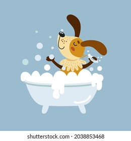 Cute Dog Bathing. Little Puppy Taking Shower In Bath Full Of Soap Foam And Bubles. Happy Cartoon Pet, Funny Animal. Hand Drawn Vector Illustration, Blue Background. Flat Design