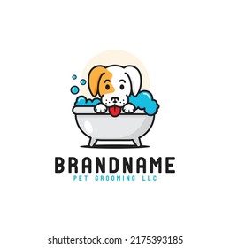 cute dog bathtub logo, cute grooming dog pet care logo design, pet grooming vector template cartoon svg