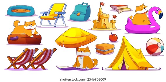 Cute dog and beach accessories set isolated on white background. Contemporary vector cartoon illustration of shiba inu puppy enjoying summer rest, chaise lounge, tent, inflatable toys, sand castle