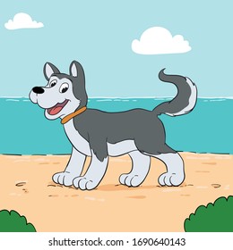 cute dog in beach cartoon vector illustration