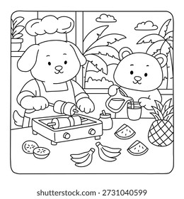Cute Dog and Bear Cooking Together – Kawaii Kitchen Coloring Page for Kids