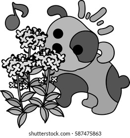 The cute dog and beautiful flowers