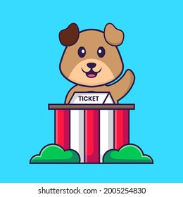 Cute dog is being a ticket keeper. Animal cartoon concept isolated. Can used for t-shirt, greeting card, invitation card or mascot.