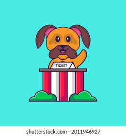 Cute dog is being a ticket keeper. Animal cartoon concept isolated. Can used for t-shirt, greeting card, invitation card or mascot.