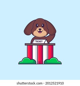 Cute dog is being a ticket keeper. Animal cartoon concept isolated. Can used for t-shirt, greeting card, invitation card or mascot.