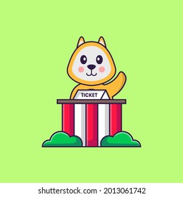 Cute dog is being a ticket keeper. Animal cartoon concept isolated. Can used for t-shirt, greeting card, invitation card or mascot.