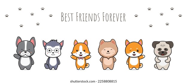 Cute dog best friends forever doodle banner background wallpaper icon cartoon illustration design isolated flat cartoon style