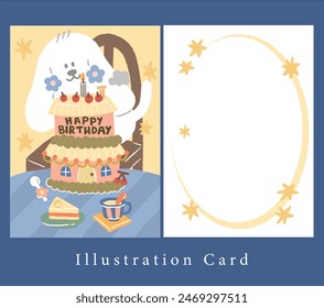 a cute dog with big house birthday cake in party, birthday illustration card and frame border