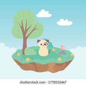 cute dog and bird animals cartoon standing meadow tree and flowers nature vector illustration