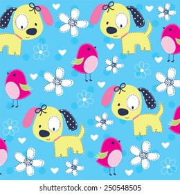 cute dog with bird pattern vector illustration