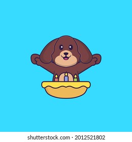 Cute dog with birthday cake. Animal cartoon concept isolated. Can used for t-shirt, greeting card, invitation card or mascot.