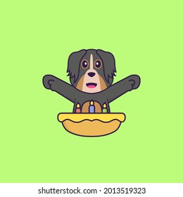 Cute dog with birthday cake. Animal cartoon concept isolated. Can used for t-shirt, greeting card, invitation card or mascot.