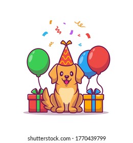 Cute Dog Birthday With Gifts And Balloons Cartoon Vector Icon Illustration. Animal Birthday Icon Concept Isolated Premium Vector. Flat Cartoon Style 