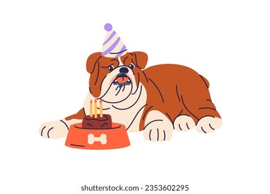 Cute dog in birthday hat. Happy English bulldog doggy in front of sweet holiday cake, canine treat with candles. Funny puppy with food present. Flat vector illustration isolated on white background