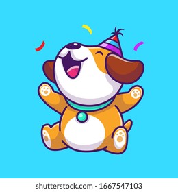 Cute Dog Birthday Party Vector Icon Illustration. Puppy Dog Mascot Cartoon Character. Animal Icon Concept White Isolated. Flat Cartoon Style Suitable for Web Landing Page, Banner, Flyer, Sticker, Card