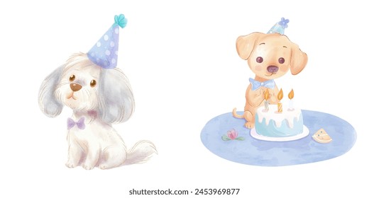 cute dog birthday party watercolor vector illustration 
