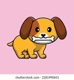 Cute Dog Bite Bone Cartoon Vector Icon Illustration. Animal Flat Cartoon Concept
