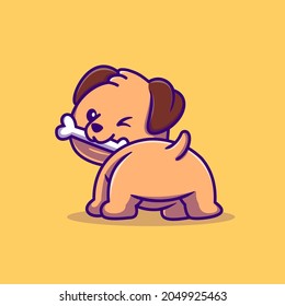 Cute Dog Bites Bone Cartoon Vector Icon Illustration. Animal Nature Icon Concept Isolated Premium Vector. Flat Cartoon Style