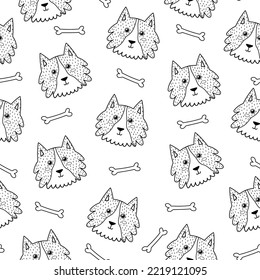 Cute dog black and white seamless pattern. Background for coloring book in cartoon style with funny Collie character. Vector illustration