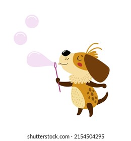 Der süße Hund bläst Seifenblasen. Glückliches Welpenspiel, Konzept der Sommeraktivitäten im Freien. Cartoon-Hunde, lustiger Charakter, handgezeichnete Vektorgrafik für Kinder einzeln auf Weiß. Flachdesign 
