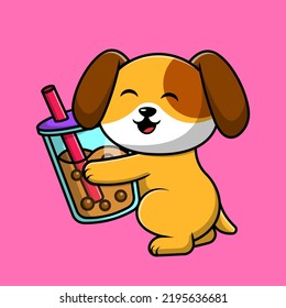 Cute Dog With Boba Milk Tea Cartoon Vector Icon Illustration. Flat Cartoon Concept
