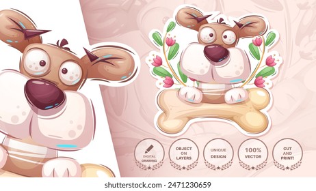 Cute Dog With Bone Sticker. Animal Cartoon Character. Childish Illustration. Hand Drawn Style. Vector eps 10.

