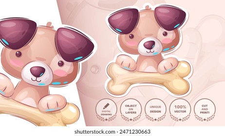 Cute Dog With Bone Sticker. Animal Cartoon Character. Childish Illustration. Hand Drawn Style. Vector eps 10.
