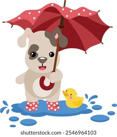 Cute dog with boots and yellow duck holding an umbrella
