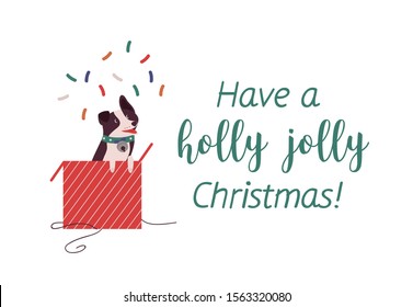 Cute dog, border collie in red giftbox flat illustration. Funny Xmas greeting card design element. Have holly jolly Christmas text message. Beautiful wintertime holidays banner design.